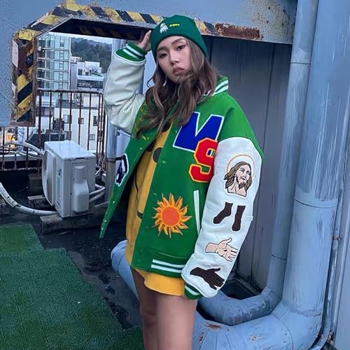 DONCARE Cutout Applique Baseball Jacket Workwear Casual Party Patchwork Green Jacket4