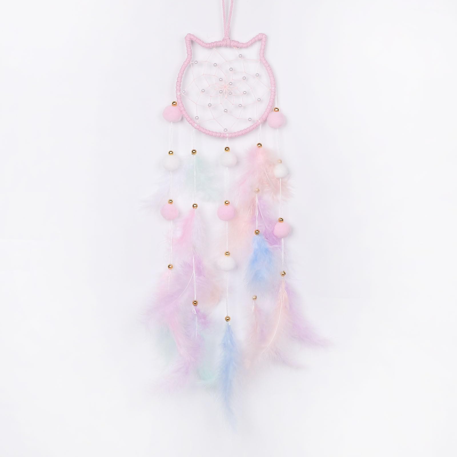 Pretty Jolly Pink Cat Kids Dream Catcher Wall Decor Pompom Feather Baby Dreamcatcher Handmade Children Dream Catcher Home