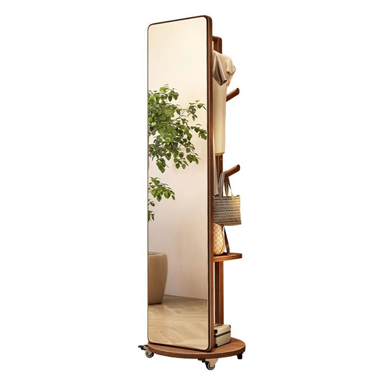 Full Body Mirror, 360° Draaibare Houten Full Length Mirror met Kapstok, 2-in-1 Vloerspiegels En Kapstok, Voor Slaapkamer, Woonkamer, Roller Versie Full Body Mirror, 360° Draaibare Houten Full Length Mirror met Kapstok, 2-in-1 Vloerspiegels En Kapstok, Voor Slaapkamer, Woonkamer, Roller Versie