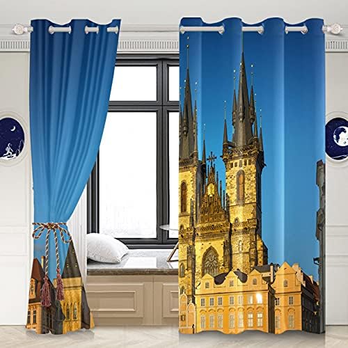 Kodaqo Cortinas opacas estilo bohemio retro romántico edificios de la ciudad paisaje calle vieja juego de cortinas opacas para decoración de ventana