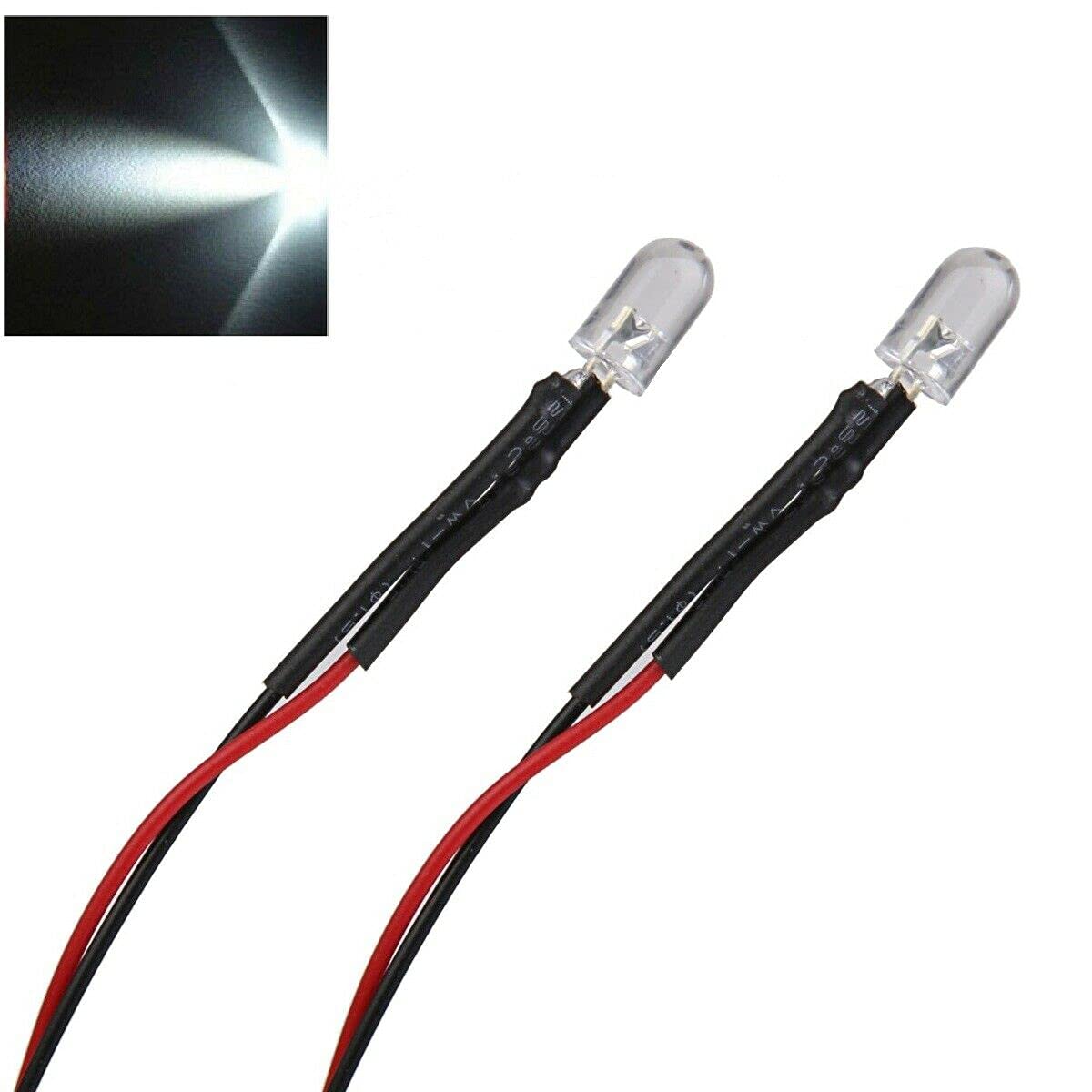 2x White LED Light Single Bulb Pre-Wired Light 12V DC 5mm Bright Round Top Clear