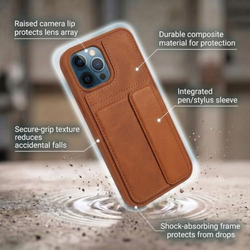 Image of amazon basics Luxury Vegan Leather Back Cover for iPhone 11 Pro Max | Built-in Card Holder Slot | Integrated Mobile Stand | Slim Shockproof Protective Case with Stitched Finish - Tan
