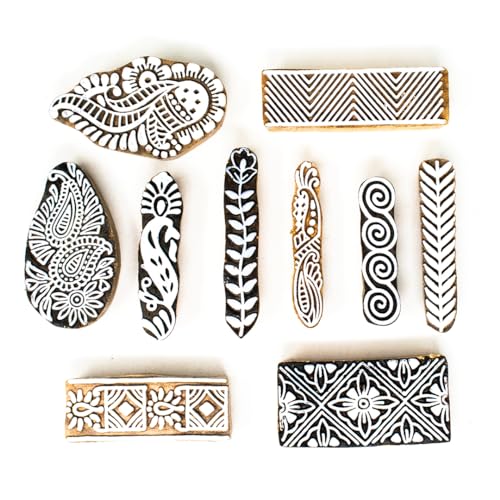 Image of Wooden Stamp Block, Printing Stamp Design Set | Block for Printing Saree Border | Dresses, Craft Card Making, Scrapbook, Clay Pottery | Set of 10