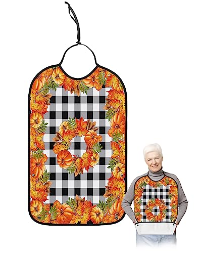 Kewadony Adult Bibs for Elderly Women - Thanksgiving Pumpkin Waterproof Dining Clothing Protectors with Crumb Catcher for Eating/Feeding, Farmhouse Maple Leaf Plaid Terry Cloth Bib Machine Washable