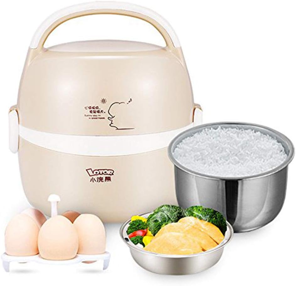 Mini Electric Cooker Multi-Function Portable Rice Cooker Steamer Slow 1.3L Stainless Steel Liner Heating Box(Beige)