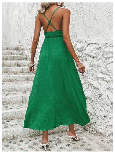 Image of Milumia Women's Summer V Neck Backless Maxi Dress Boho Spaghetti Strap A Line Flowy Beach Long Sundress