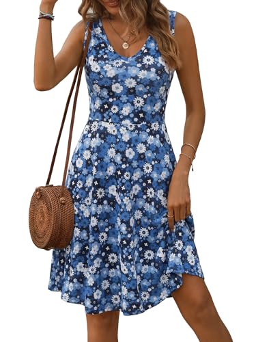 Image of HUHOT Womens Sleeveless V Neck Dress with Pocket Summer Beach Midi Flared Tank Dress