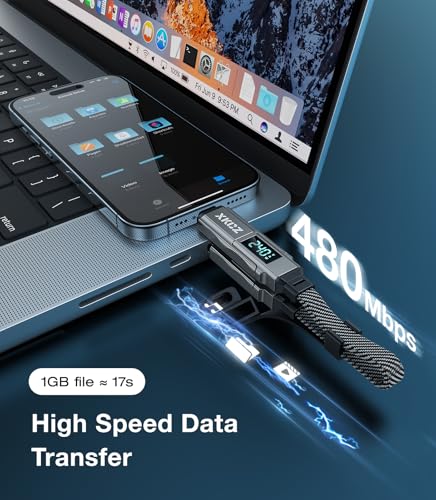 Image of XKCZ Keychain USB C Cable with V /A /W Display, 4 in 1 Charging Cable Combo Type C /USB A /L Port, 240W Fast Charging Short Cable, USB C Keychain Portable Cord for iPhone /iPad /Samsung /Laptop, 8 inches