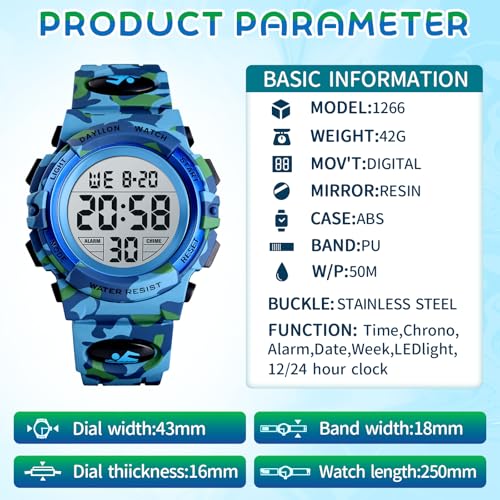 Image of Dayllon Kids Digital Watch Boys Outdoor Sports 50M Waterproof Girls Watches Alarm Clock 12 /24 H Stopwatch Calendar for Ages 3-15 Boy Girl Wristwatch Kids Gift