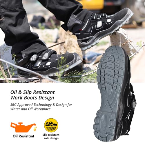 Image of SAFETOE Safety Shoes for Men Composite Toe Work Shoes Lightweight Cow Leather Puncture Proof Slip On Summer Work Boots Wide Fit, Dark Black-【composite Toe】