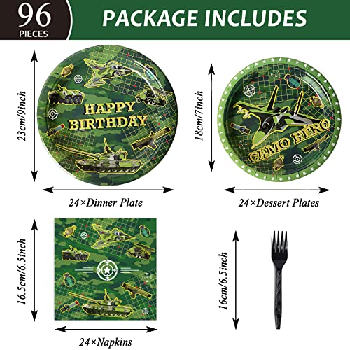 Image of 96 Pcs Camo Birthday Plates and Napkins Party Supplies Military Happy Birthday Tableware Set Army Camouflage Party Decorations Favors for Soldier Men for 24 Guests