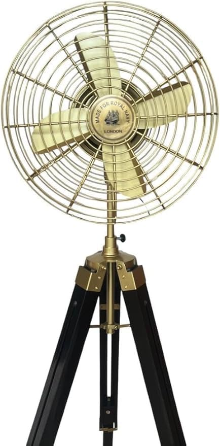 Brass & Black Nautical Tripod Floor Fan | Adjustable Electric Pedestal Fan | Retro Industrial Style Home Decor for Living Room and Bedroom