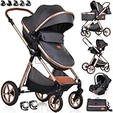 Baby Pram Pushchair Buggy Stroller 3 in 1 Child Lightweight Folding Stroller 3 in 1 Travel System Pram for Newborns Toddlers from Birth New 2026 Style LEDs, FREEBIES (BBC - Grey Gold, BBC)