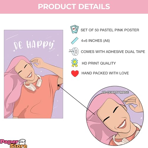 Image of Thepaper9store Paper9store Pack Of 50 Aesthetic Wall Collage Kit - 4?6 Inches Self Adhesive Wall Posters For Bedroom, Living Room, Office A6 Size (Pastel pink)