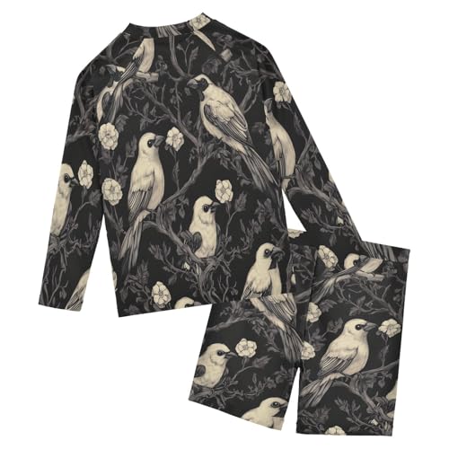 Halloween Bird Floral Boys Swimsuit Rash Guard Toddler Kids Long Sleeve Swim Shirt and Trunks Swimwear Set 3-10Y2