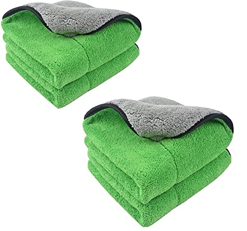 Image of Auto Hub Heavy Microfiber Cloth for Car Cleaning and Detailing, Double Sided, Extra Thick Plush Microfiber Towel Lint-Free, 800 GSM (Size 40cm x 40cm) /Pack of 4, Color: Green