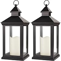 BrightZeal 2-Pack 14" Black Vintage LED Candle Lanterns with Timer - IP44 Waterproof Battery Outdoor Hanging Lanterns Warm White Flicker for Weddings