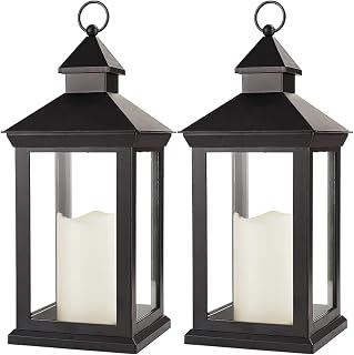 BrightZeal 2-Pack 14" Black Vintage LED Candle Lanterns with Timer - IP44 Waterproof Battery Outdoor Hanging Lanterns Warm White Flicker for Weddings