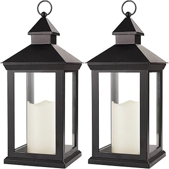 2-Pack 14" Decorative Candle Lantern Black Outdoor Lanterns with Timer Candles - IP44 Waterproof Vintage Lanterns Battery Powered LED Decorative for Wedding - Warm White Hanging Wall