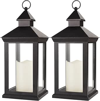 2-Pack 14" Decorative Candle Lanterns with Timer - Black Outdoor Waterproof Vintage Lanterns with LED Candles