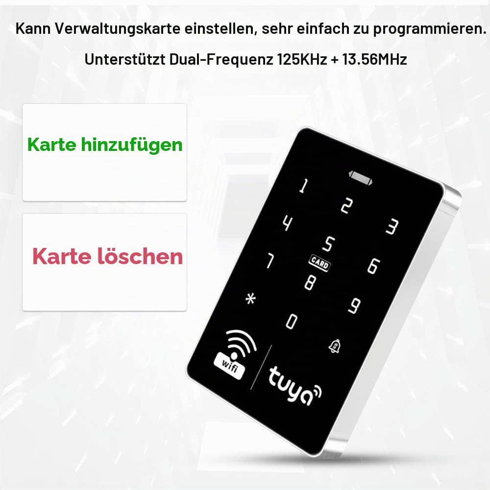 Drahtlos WiFi Tuya Tür Kits Zugangskontrollsysteme 125KHz 13.56MHz IP68 wasserdichte Touch RFID Tastatur und DC12V3A Netzteil 15pcs Keyfobs, Ohne Elektrische Schlösser