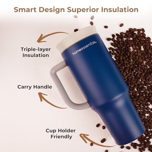Image of HomeEssentials Stainless Steel Tumbler with Lid & Straw - Vacuum Insulated, Spill-Resistant - Keeps Drinks Hot or Cold for 12 Hours - Ideal for Office, Gym & Travel (Blue, 1200ml)