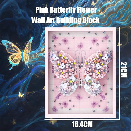Wall Art Pink Butterfly Flower Building Blocks Set; A Wall Decor Set for Adults Who Love Creative Hobbies(2000+ Pieces) Toys Gifts for Kid and Adult