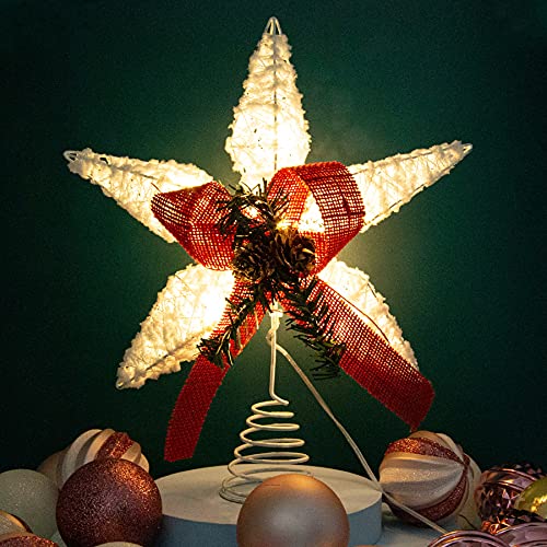 Winter Snowflake Christmas Tree Toppers Star Lighted with Red Bows Pine Cone Soft Handmade for White Christmas Decorations Ornaments Holiday Fireplace Xmas Tree Decor (10 Led Warm Lights - Timer Mode)