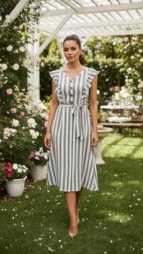 Image of Women A-Line Midi Dress | V-Neck Cap Sleeve One Piece Dress with Waist Tie Detail | Knee Length Flowy Dress for Party and Casual Styling
