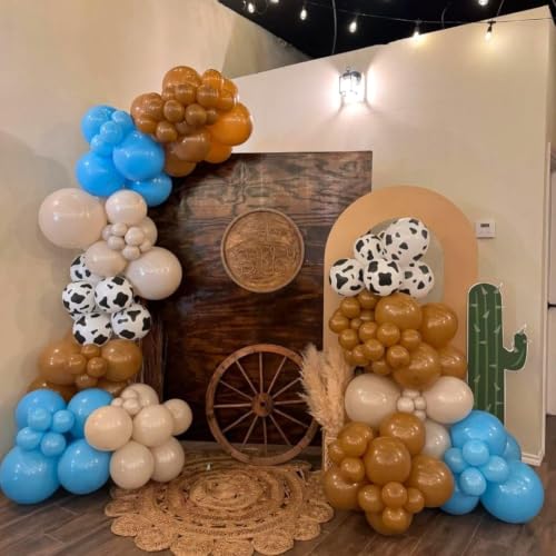 Image of HILAVO Cow Print Balloons, 12Inch Light Blue Brown Sand White and Cow Balloons for Boys Baby Shower Farm Western Cowboy Rodeo Story Birthday Party Decorations