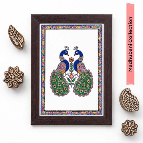 Image of PAPER PAJAMA Peacock Pair Wall Art for Living Room | Madhubani Peacock Painting | Traditional Indian Folk Art Bird Artwork Framed Decor for Home, Bedroom & Office (10x13 Inches)