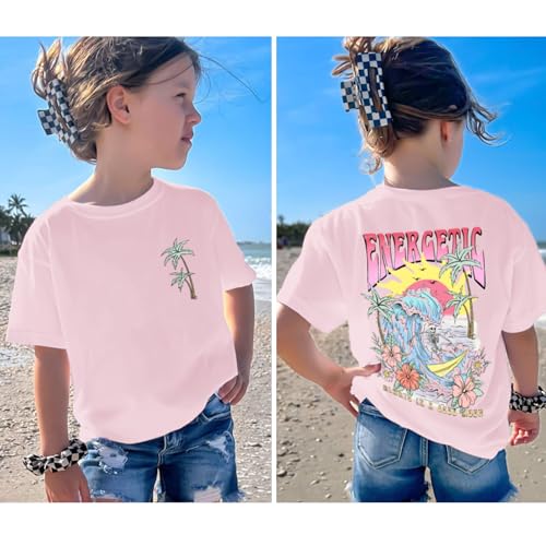Image of KEEVICI Cute Girls Graphic Tees Beach Kids Hawaiian T Shirt Summer Cotton Letter Print Short Sleeve Shirts Vacation Tops