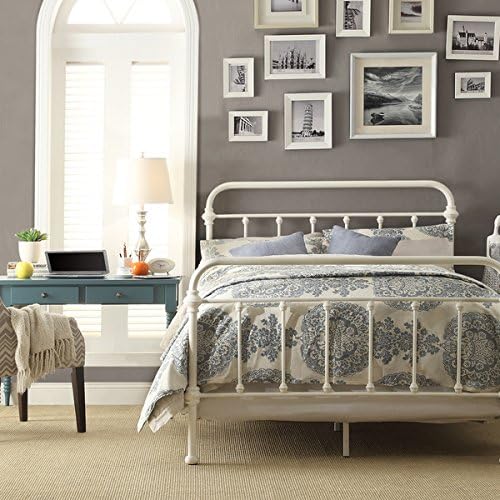 White Antique Iron Metal Bed Frame Vintage Bedroom Furniture Rustic Wrought Country Dark Bronze Wire Cast Womens Mens Girls Kids Princess Headboard Footboard Slats Rails Set Twin Full Queen King Sized (queen)