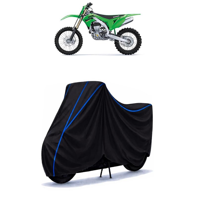 Image of KX450 Bike Cover Water Resistant Universal Motorcycle Rain | Heavy Duty UV Protection, Dust, Scratch Indoor Outdoor All Weather with Black Blue Piping Elastic