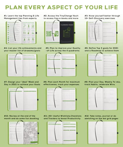 Image of TinyChange Undated Classic Life Planner | A5 Size Diary+ 2 Pocket & Meal Planners | Achieve Goals | Gratitude Journal; Habit Tacker| 100+ Activities & Reminders | 400 Stickers| Green Cover
