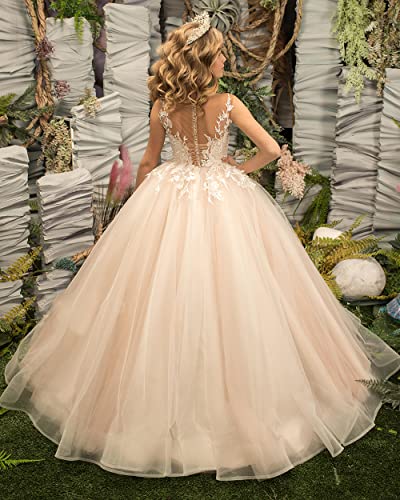 Girl's Pageant Dress Long Tulle Flower Girl Dresses Sleeveless Appliques Kids Ball Gown Prom for Wedding Party2