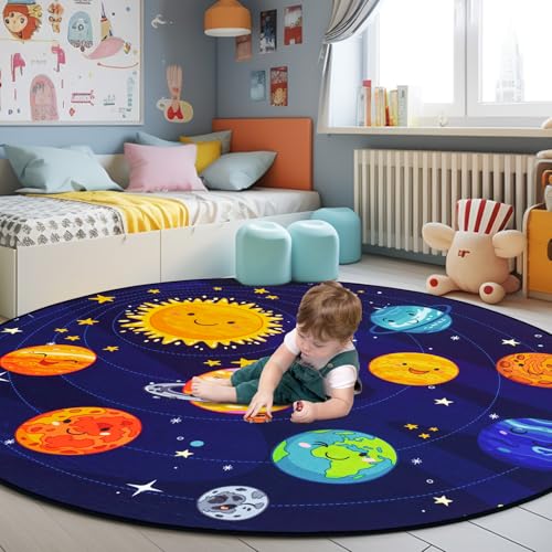Round Space Rug for Kids Room Solar System Circle Rugs for Bedroom Kids Rugs for Playroom Boys Space Planet Theme Rug Living Room Dining Room Decor 47x47 inch