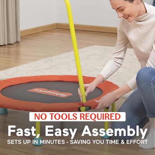 Image of Fisher-Price 3-Foot Mini Trampoline, WonderJump 36-Inch Round Indoor Toddler Kids Trampoline with Stabilizing Handlebar