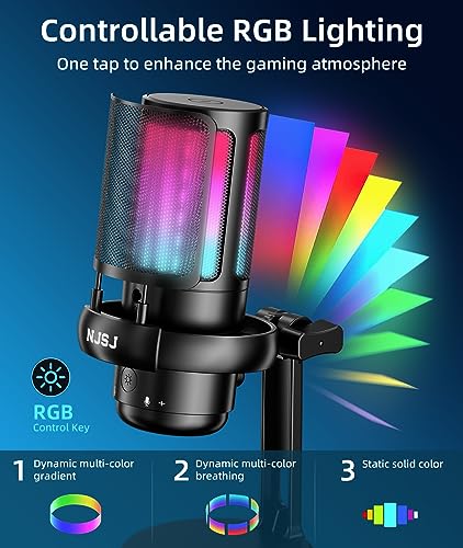 Image of NJSJ USB Microphone for Computer, Gaming Mic for PC,PS4,PS5 and Mac, Condenser Microphone with 9 RGB Light Modes,Mute Button,Gain Control, Headphones Jack,Desk Streaming Mics for Podcast,YouTube