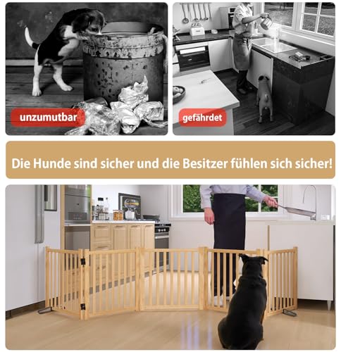Pshelfy Hundeabsperrgitter aus Holz 5 Paneelen 58cm Höhe - Freistehend & Faltbar, 360° Drehbar für Tür, Treppe, Flur als Welpen-Gitter & Kinderschutzgitter (BxH: 292 cm x 58 cm, Naturholz)