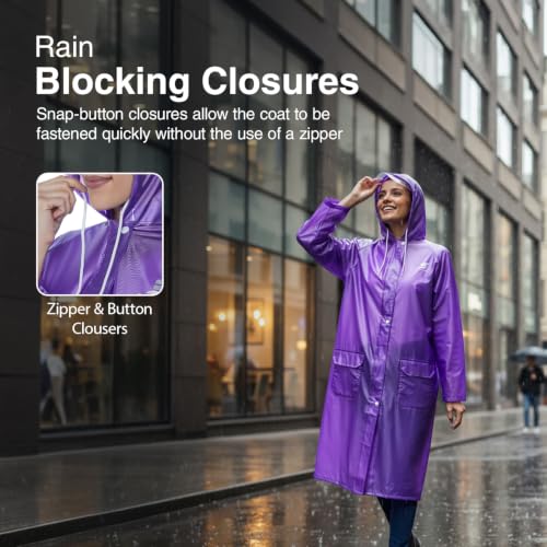 Image of Amazon Brand - Symactive Women's Raincoat | Waterproof Lightweight One Piece PVC Long Coat with Hood | Snap Buttons | Side Pocket | Drawstring Hood | Purple, M