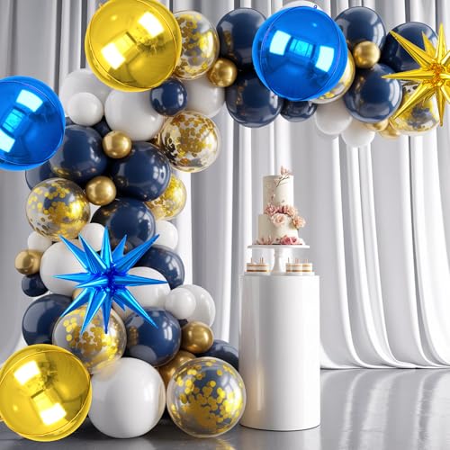 Image of 6pcs 22 inch Blue Gold Star Balloons and 4D Large Foil Balloons, Gold Foil Star Balloon Dark Blue 4D Aluminum Balloon For Birthday Baby Shower Party Wedding Father's Day Graduation men boys Decor
