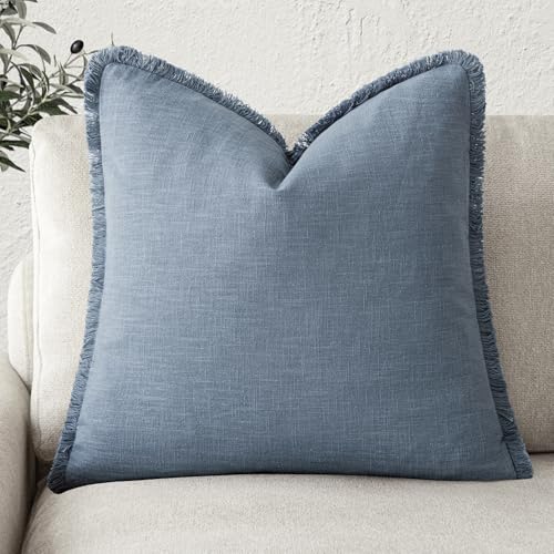 Image of Foindtower Decorative Linen Fringe Throw Pillow Covers Cozy Boho Farmhouse Cushion Cover with Tassels Accent Pillowcase for Chair Sofa Bed Living Room Home Decor, 18x18 Inch,1PC,Misty Blue