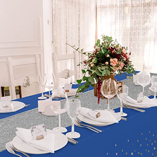 Image of Irenare 2 Pcs Blue and Silver Tablecloth and Sequin Table Runner Set Polka Dots Confetti Table Cover Dining Plastic Tablecloths Glitter Decorations for Birthday Wedding Anniversary Party Supplies
