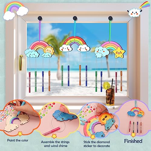 TREACLUB DIY Wind Chime Kit for Kids - Make Your Own Rainbow Coloring Star Moon Sun Arts and Crafts - 12 Pack Wooden Birthday Gifts for Girls Boys