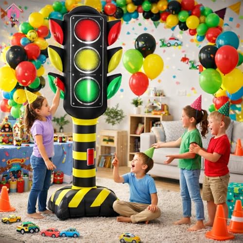 Image of Party Warehouse Traffic Signal Standee Balloon for Kids Birthday Party Decoration | Self Standing Foil Balloon Traffic Lights Theme|Road Safety Theme Party Supplies for Boys Birthday, Car Theme Decor
