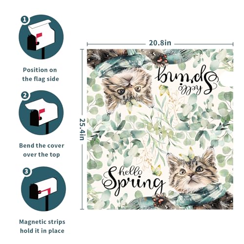 Image of Hello Spring Cat Magnetic Mailbox Cover 25.5 inchx21 inch Watercolor Sage Green Eucalyptus Leaf Kitten Butterfly Mailbox Wrap Post Cover Large Size for Garden Yard Outdoor Outside Decor