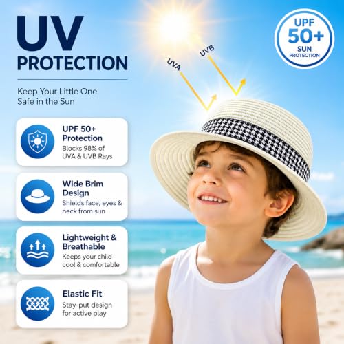Image of VRITRAZ Kids Straw Hat for Baby Boys & Girls | Printed Summer Sun Hat, Woven Wide Brim Beach Cap, Lightweight Breathable Holiday Travel Picnic Outdoor Fancy Dress Fashion Hat for Children & Toddler