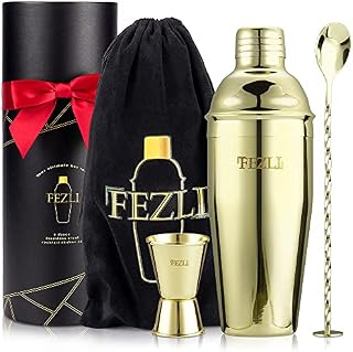 Fezli 5 PCS Cocktail Making Set 700ml Stainless Steel Cocktail Shaker Set with Strainer, Jigger and Mixing Spoon, Bartending Set with Bar Accessories & Cocktail Accessories for Drinks (Gold)