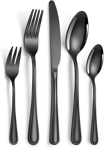 Cuchillo para carne, tenedor, cuchara, juego de vajilla de acero inoxidable de cinco piezas (negro)